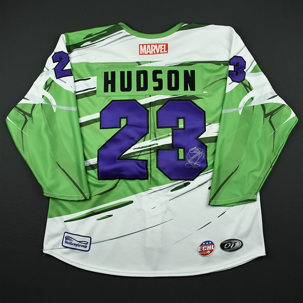 Woody Hudson - Worcester Railers - 2017-18 MARVEL Super Hero Night - Game-Issued Autographed Jersey