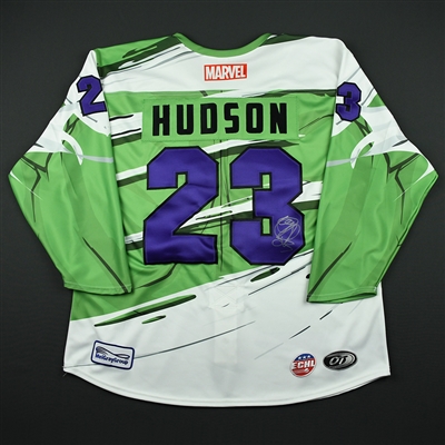 Woody Hudson - Worcester Railers - 2017-18 MARVEL Super Hero Night - Game-Issued Autographed Jersey
