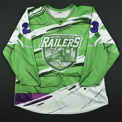 Woody Hudson - Worcester Railers - 2017-18 MARVEL Super Hero Night - Game-Issued Autographed Jersey