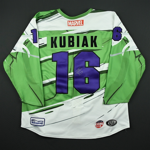 Jeff Kubiak - Worcester Railers - 2017-18 MARVEL Super Hero Night - Game-Worn Autographed Jersey