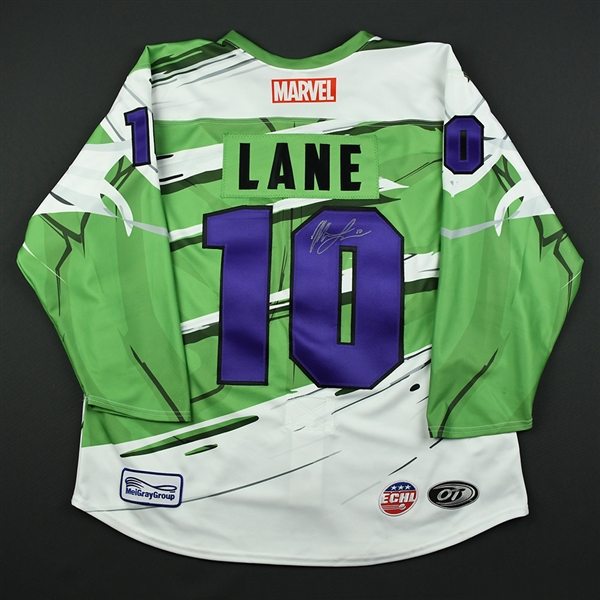 Matt Lane - Worcester Railers - 2017-18 MARVEL Super Hero Night - Game-Worn Autographed Jersey