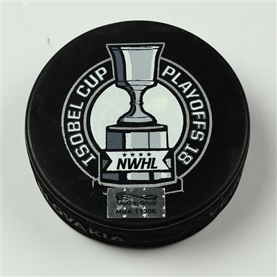 Erika Lawler - Metropolitan Riveters - Goal Puck - March 18, 2018 vs. Connecticut Whale (Isobel Cup Playoffs Logo) - Isobel Cup Semi-Final