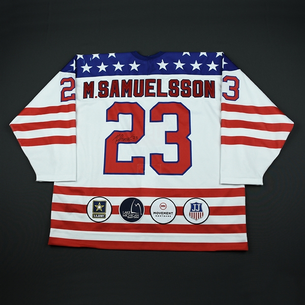 Mattias Samuelsson - 2018 U.S. National Under-18 Development Team - Military Appreciation Game-Worn Autographed Jersey w/C