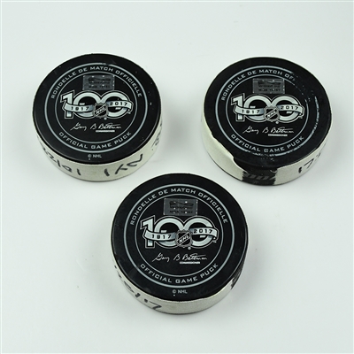 John Tavares - New York Islanders - (Hat Trick) Set of 3 Goal Pucks - October 28, 2017 vs. Nashville Predators (Predators Logo)