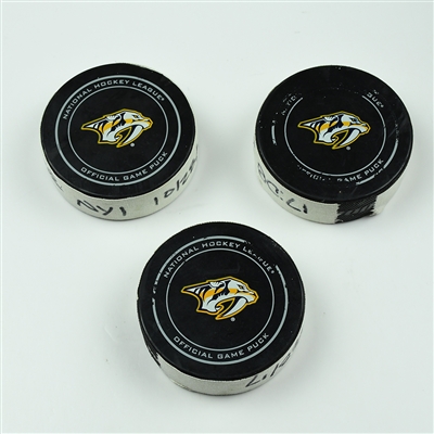 John Tavares - New York Islanders - (Hat Trick) Set of 3 Goal Pucks - October 28, 2017 vs. Nashville Predators (Predators Logo)