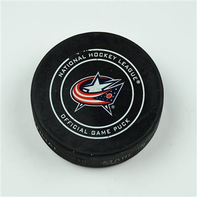 Erik Gudbranson - Vancouver Canucks - Goal Puck - January 12, 2018 vs. Columbus Blue Jackets (Blue Jackets Logo)