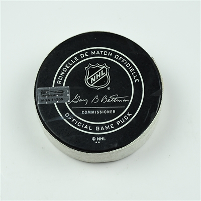 Teuvo Teravainen - Carolina Hurricanes - Goal Puck - February 27, 2018 vs. Boston Bruins (Bruins Logo)