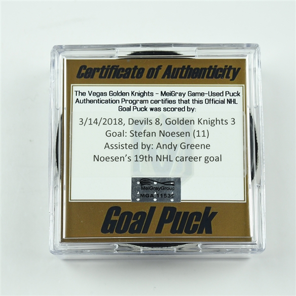 Stefan Noesen - New Jersey Devils - Goal Puck - March 14, 2018 vs. Vegas Golden Knights (Golden Knights Logo)