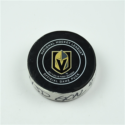 Stefan Noesen - New Jersey Devils - Goal Puck - March 14, 2018 vs. Vegas Golden Knights (Golden Knights Logo)