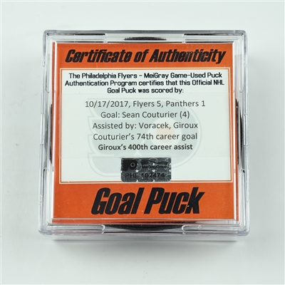 Sean Couturier (Giroux 400th NHL Career Assist) - Philadelphia Flyers - Goal Puck - October 17, 2017 vs. Florida Panthers (Flyers Logo)