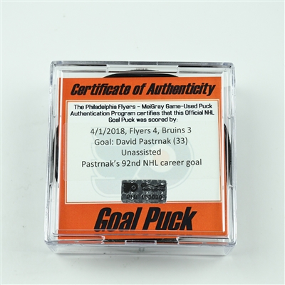 David Pastrnak - Boston Bruins - Goal Puck - April 1, 2018 vs. Philadelphia Flyers (Flyers Logo)