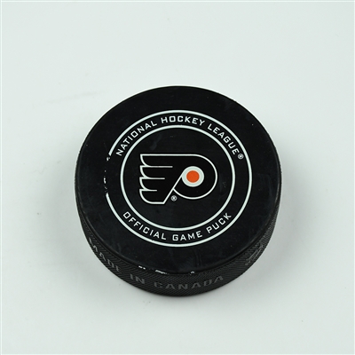 David Pastrnak - Boston Bruins - Goal Puck - April 1, 2018 vs. Philadelphia Flyers (Flyers Logo)