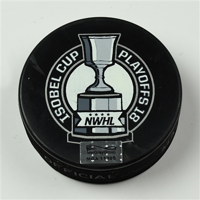 Rebecca Russo - Metropolitan Riveters - Goal Puck - March 18, 2018 vs. Connecticut Whale (Isobel Cup Playoffs Logo) - Isobel Cup Semi-Final