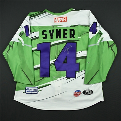 T.J. Syner - Worcester Railers - 2017-18 MARVEL Super Hero Night - Game-Worn Autographed Jersey