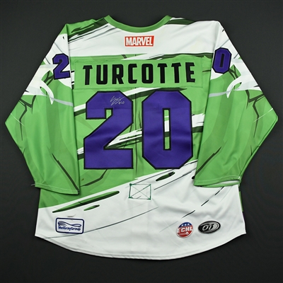 Yanick Turcotte - Worcester Railers - 2017-18 MARVEL Super Hero Night - Game-Worn Autographed Jersey