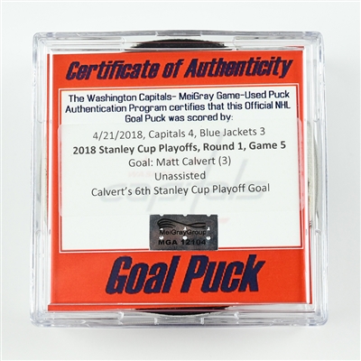 Matt Calvert - Columbus Blue Jackets - Goal Puck - April 21, 2018 vs. Wash. Capitals (Capitals Logo) - 2018 Stanley Cup Playoffs - Round 1 Game 5