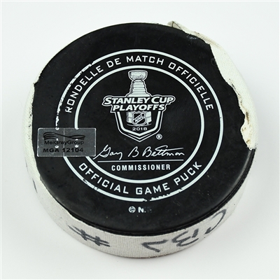 Matt Calvert - Columbus Blue Jackets - Goal Puck - April 21, 2018 vs. Wash. Capitals (Capitals Logo) - 2018 Stanley Cup Playoffs - Round 1 Game 5
