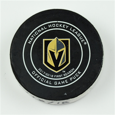 Logan Couture - San Jose Sharks - Goal Puck - April 28, 2018 vs. Vegas Golden Knights (Golden Knights Logo) - 2018 Stanley Cup Playoffs - Round 2 Game 2