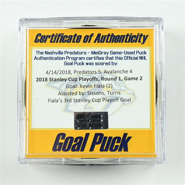 Kevin Fiala - Nashville Predators - Goal Puck - April 14, 2018 vs. Col. Avalanche (Predators Logo) - 2018 Stanley Cup Playoffs - Round 1 Game 2