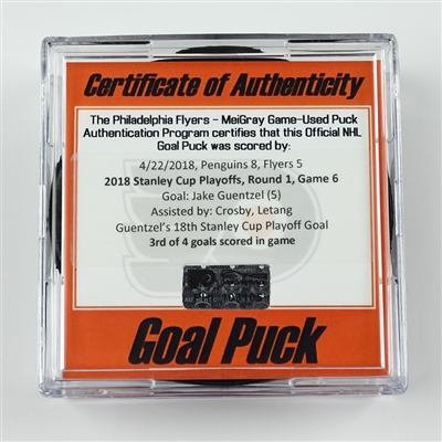 Jake Guentzel - Pittsburgh Penguins - Goal Puck (3rd of 4 Goals) - April 22, 2018 vs. Phi. Flyers (Flyers Logo) - 2018 Stanley Cup Playoffs - Round 1 Game 6