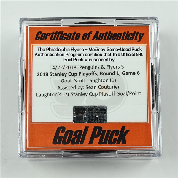 Scott Laughton - Philadelphia Flyers - Goal Puck - April 22, 2018 vs. Pitt. Penguins (Flyers Logo) - 2018 Stanley Cup Playoffs - Round 1 Game 6