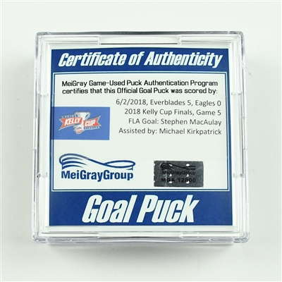 Stephen MacAulay - Florida Everblades - 2018 Kelly Cup Finals - Goal Puck - Game 5 - Goal #1 - Game-Winning Goal