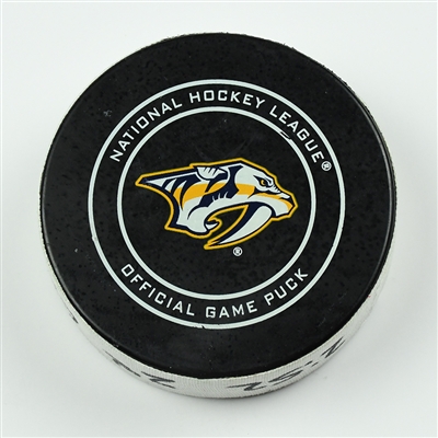 Nathan MacKinnon - Colorado Avalanche - Goal Puck - April 14, 2018 vs. Nsh. Predators (Predators Logo) - 2018 Stanley Cup Playoffs - Round 1 Game 2