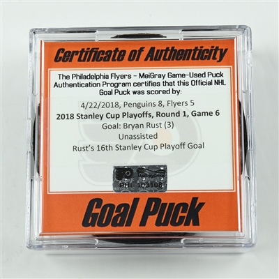 Bryan Rust - Pittsburgh Penguins - Goal Puck - April 22, 2018 vs. Phi. Flyers (Flyers Logo) - 2018 Stanley Cup Playoffs - Round 1 Game 6