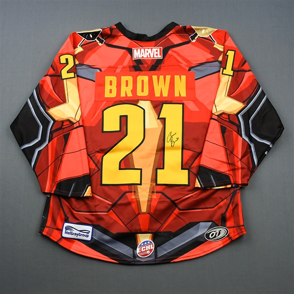 Cam Brown - Wheeling Nailers - 2018-19 MARVEL Super Hero Night - Game-Worn Autographed Jersey, and Socks