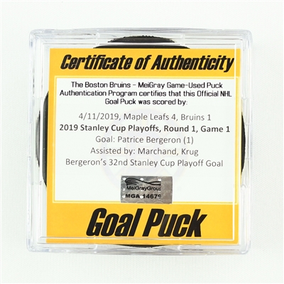 Patrice Bergeron - Bruins - Goal Puck - April 11, 2019 vs. Maple Leafs (Bruins Logo) - 2019 Stanley Cup Playoffs - Round 1, Game 1