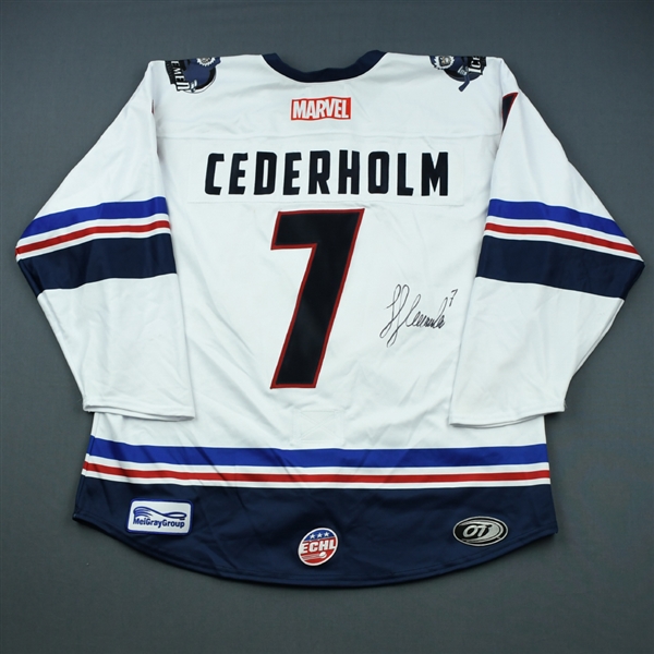 Jacob Cederholm - Jacksonville Icemen - 2018-19 MARVEL Super Hero Night - Game-Worn Autographed Jersey, and Socks