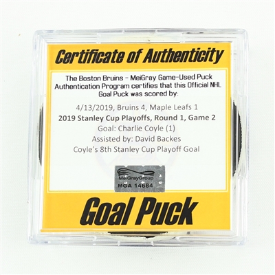 Charlie Coyle - Bruins - Goal Puck - April 13, 2019 vs. Maple Leafs (Bruins Logo) - 2019 Stanley Cup Playoffs - Round 1, Game 2