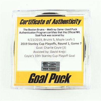 Charlie Coyle - Bruins - Goal Puck - April 23, 2019 vs. Maple Leafs (Bruins Logo) - 2019 Stanley Cup Playoffs - Round 1, Game 7