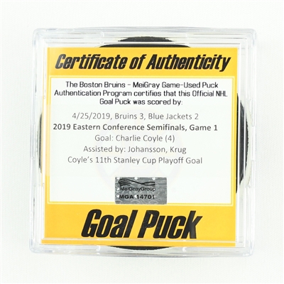 Charlie Coyle - Bruins - Goal Puck - April 25, 2019 vs. Blue Jackets (Bruins Logo) - 2019 Stanley Cup Playoffs - Eastern Conference Semifinals - Game 1