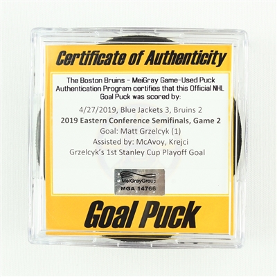Matt Grzelcyk - Bruins - Goal Puck - April 27, 2019 vs. Blue Jackets (Bruins Logo) - 2019 Stanley Cup Playoffs - Round 2, Game 2