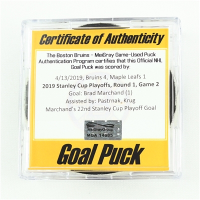 Brad Marchand - Bruins - Goal Puck - April 13, 2019 vs. Maple Leafs (Bruins Logo) - 2019 Stanley Cup Playoffs - Round 1, Game 2