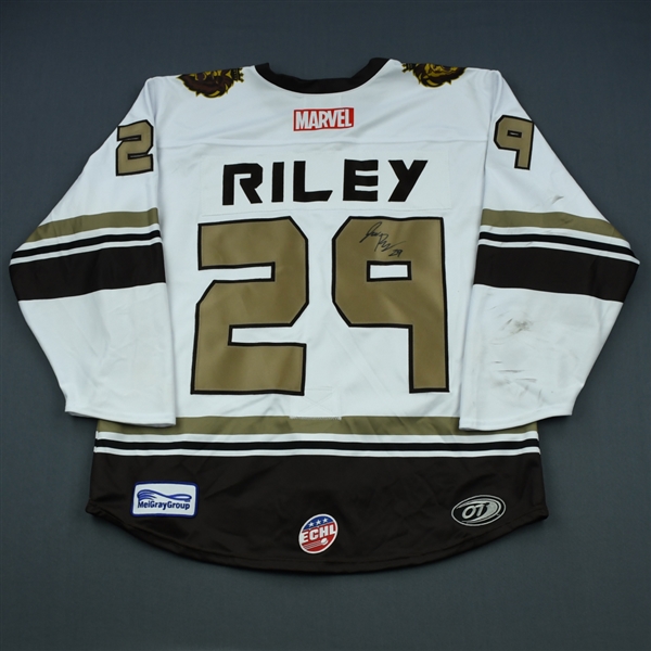 Jack Riley - Reading Royals - 2018-19 MARVEL Super Hero Night - Game-Worn Autographed Jersey, and Socks