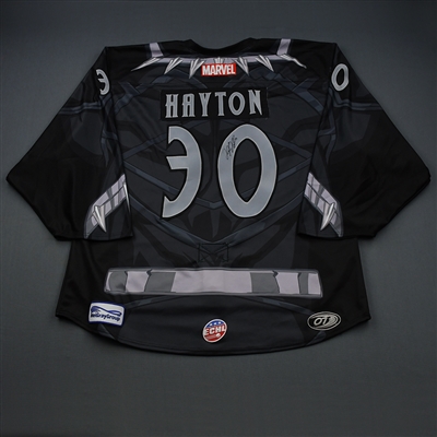 Kyle Hayton - Black Panther - 2018-19 MARVEL Super Hero Night - Game-Worn Back-up Only Autographed Jersey