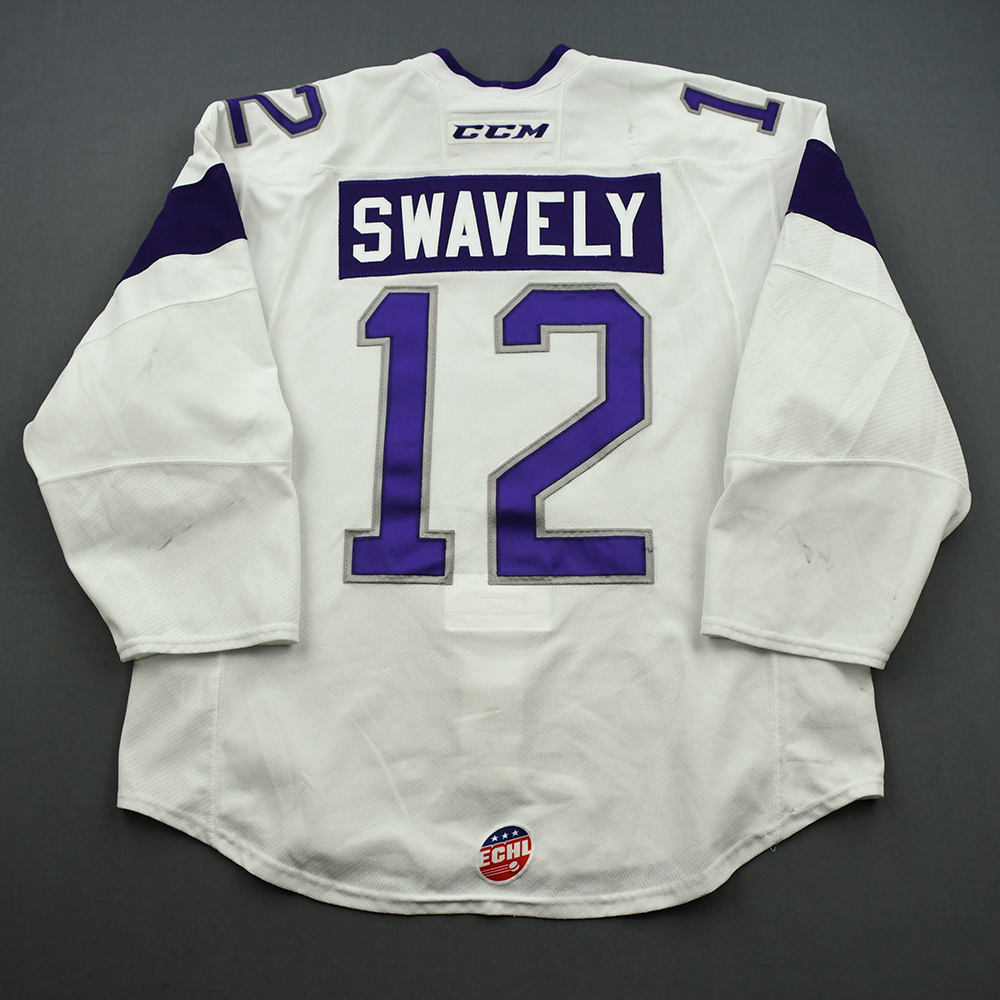 2018-19 Reading Royals Steven Swavely #12 Game Used Purple Jersey Flames 86