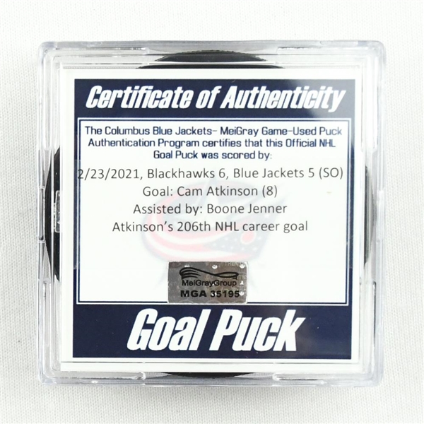 Cam Atkinson - Columbus Blue Jackets - Goal Puck - February 23, 2021 vs. Chicago Blackhawks (Blue Jackets Logo)