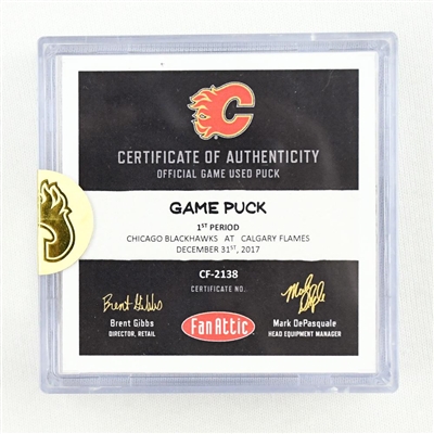 Calgary Flames - Game Puck - December 31, 2017 vs. Blackhawks (Flames Logo) - Jaromir Jagrs Final NHL Career Game