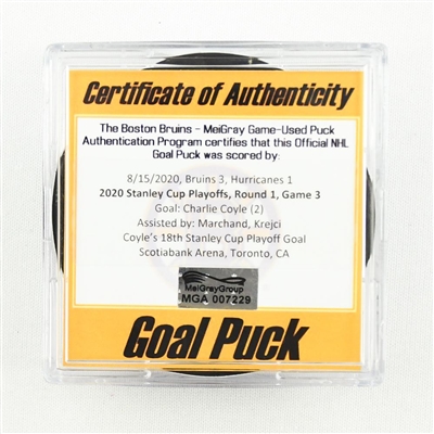 Charlie Coyle - Bruins - Goal Puck - August 15, 2020 vs. Carolina Hurricanes (Hurricanes Logo) - 2020 Stanley Cup Playoffs - Round 1, Game 3