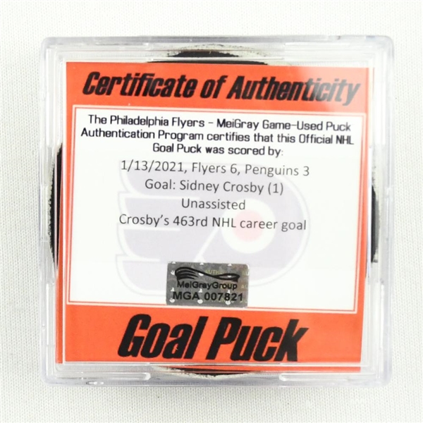 Sidney Crosby - Pittsburgh Penguins - Goal Puck - (Rare TRACKING PUCK) January 13, 2021 vs. Philadelphia Flyers (NHL Logo)