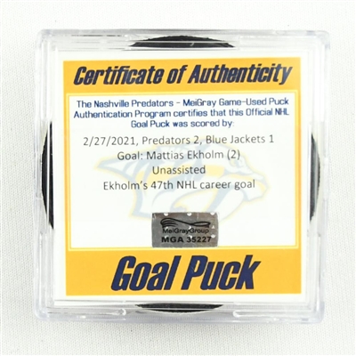 Mattias Ekholm - Nashville Predators - Goal Puck - February 27, 2021 vs. Columbus Blue Jackets (Predators Logo)