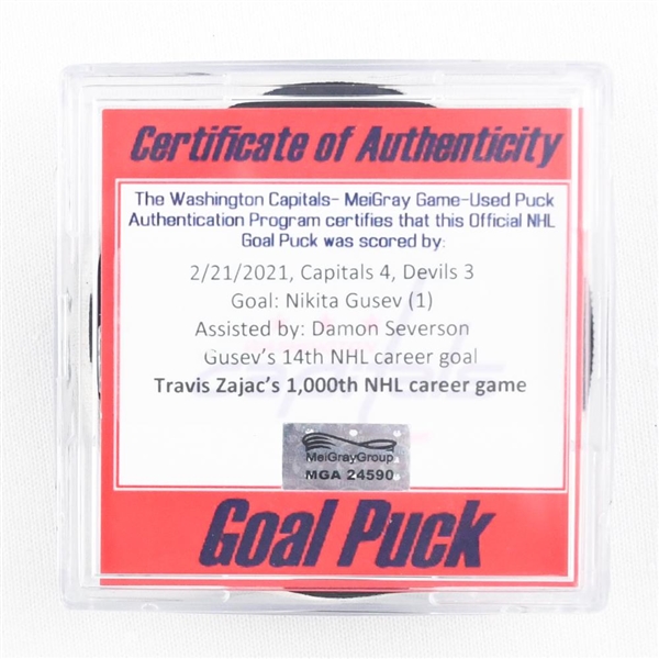 Nikita Gusev - Devils - Goal Puck - Feb. 21, 2021 vs. Capitals (Capitals Logo) - Travis Zajacs 1,000th NHL Career Game