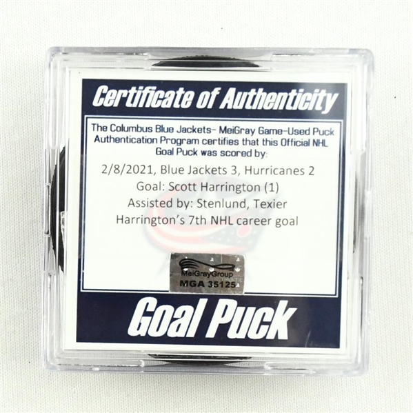 Scott Harrington - Columbus Blue Jackets - Goal Puck - February 8, 2021 vs. Carolina Hurricanes (Blue Jackets Logo)