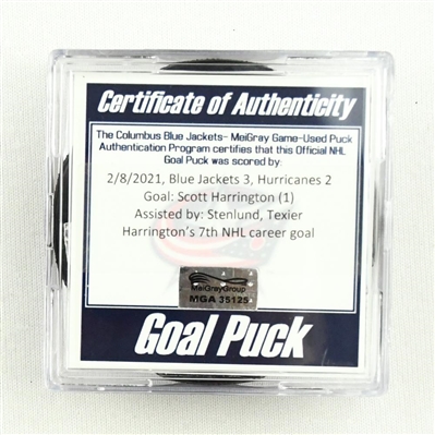 Scott Harrington - Columbus Blue Jackets - Goal Puck - February 8, 2021 vs. Carolina Hurricanes (Blue Jackets Logo)