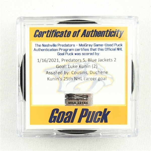 Luke Kunin - Nashville Predators - Goal Puck - (Rare TRACKING PUCK) January 16, 2021 vs. Columbus Blue Jackets (NHL LOGO)