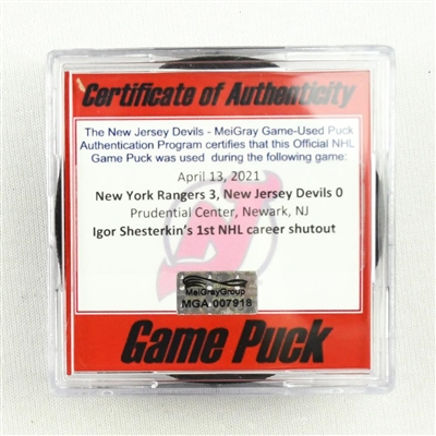 New Jersey Devils - Game Puck - April 13, 2021 vs. New York Rangers (Devils Logo) - Igor Shesterkin 1st Career Shutout