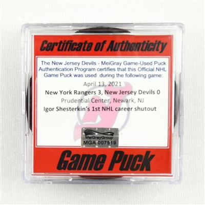 New Jersey Devils - Game Puck - April 13, 2021 vs. New York Rangers (Devils Logo) - Igor Shesterkin 1st Career Shutout